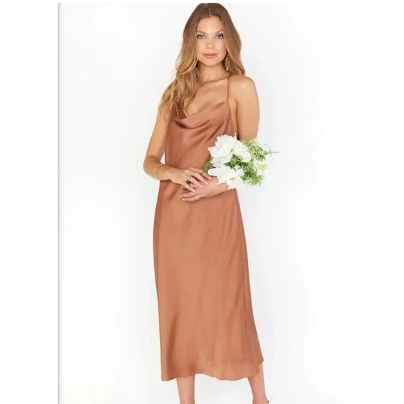 Show Me Your Mumu Formal Verona Cowl Dress Copper Luxe Satin Size Small - Picture 2 of 5